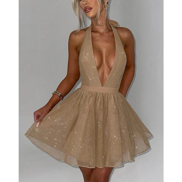 Babyboo Dresses & Skirts - Babyboo Pippa Mini Dress Halter Gold Sparkle Size XL NEW